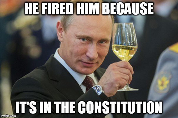 Vladimir Putin Cheers | HE FIRED HIM BECAUSE; IT'S IN THE CONSTITUTION | image tagged in vladimir putin cheers | made w/ Imgflip meme maker