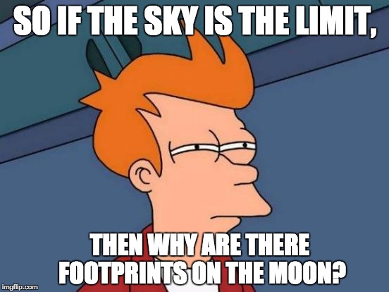 Futurama Fry | SO IF THE SKY IS THE LIMIT, THEN WHY ARE THERE FOOTPRINTS ON THE MOON? | image tagged in memes,futurama fry | made w/ Imgflip meme maker