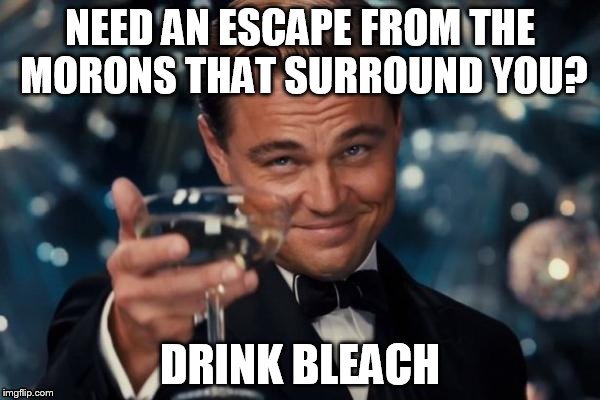An Alternative ... | image tagged in leonardo dicaprio cheers,drink bleach,bleach,morons,escape | made w/ Imgflip meme maker