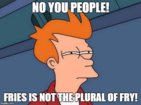 Futurama Fry Meme | NO YOU PEOPLE! FRIES IS NOT THE PLURAL OF FRY! | image tagged in memes,futurama fry | made w/ Imgflip meme maker