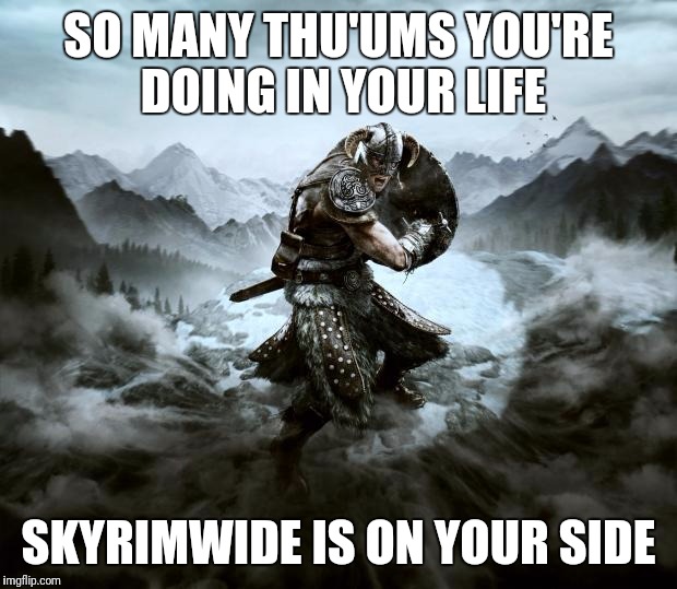 Skyrim | SO MANY THU'UMS YOU'RE DOING IN YOUR LIFE; SKYRIMWIDE IS ON YOUR SIDE | image tagged in skyrim | made w/ Imgflip meme maker