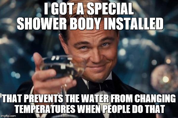 Leonardo Dicaprio Cheers Meme | I GOT A SPECIAL SHOWER BODY INSTALLED THAT PREVENTS THE WATER FROM CHANGING TEMPERATURES WHEN PEOPLE DO THAT | image tagged in memes,leonardo dicaprio cheers | made w/ Imgflip meme maker