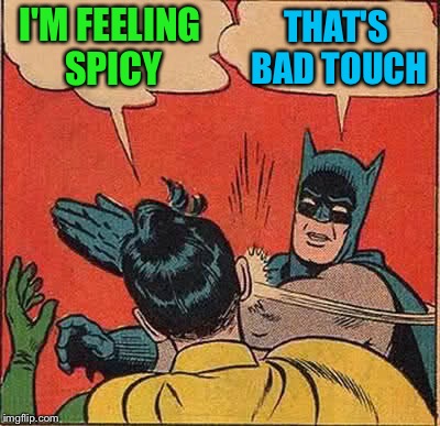 Batman Slapping Robin Meme | I'M FEELING SPICY THAT'S BAD TOUCH | image tagged in memes,batman slapping robin | made w/ Imgflip meme maker