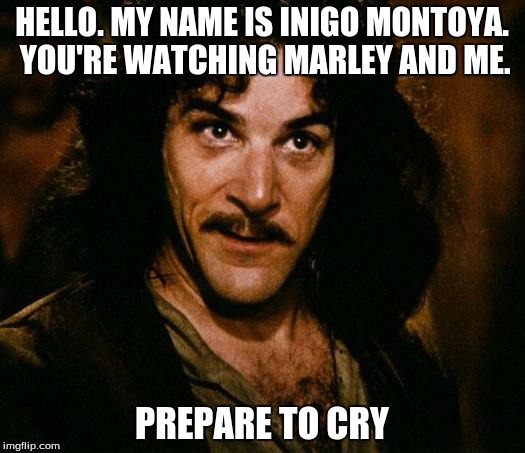 Inigo Montoya Meme | HELLO. MY NAME IS INIGO MONTOYA. YOU'RE WATCHING MARLEY AND ME. PREPARE TO CRY | image tagged in memes,inigo montoya | made w/ Imgflip meme maker
