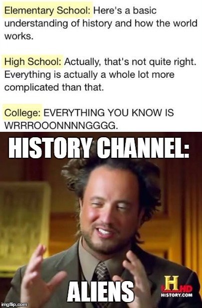 HISTORY CHANNEL:; ALIENS | image tagged in history channel,ancient aliens,aliens | made w/ Imgflip meme maker