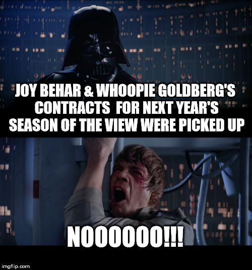 Star Wars No Meme | JOY BEHAR & WHOOPIE GOLDBERG'S CONTRACTS  FOR NEXT YEAR'S SEASON OF THE VIEW WERE PICKED UP; NOOOOOO!!! | image tagged in memes,star wars no | made w/ Imgflip meme maker