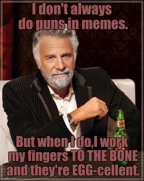 Puns in memes | I don't always do puns in memes. But when I do,I work my fingers TO THE BONE and they're EGG-cellent. | image tagged in memes,the most interesting man in the world | made w/ Imgflip meme maker