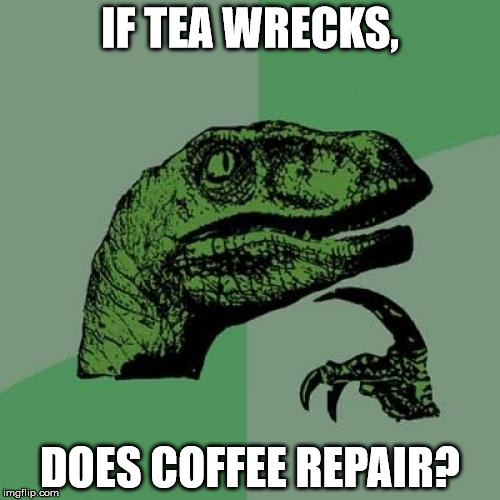 Philosoraptor | IF TEA WRECKS, DOES COFFEE REPAIR? | image tagged in memes,philosoraptor | made w/ Imgflip meme maker