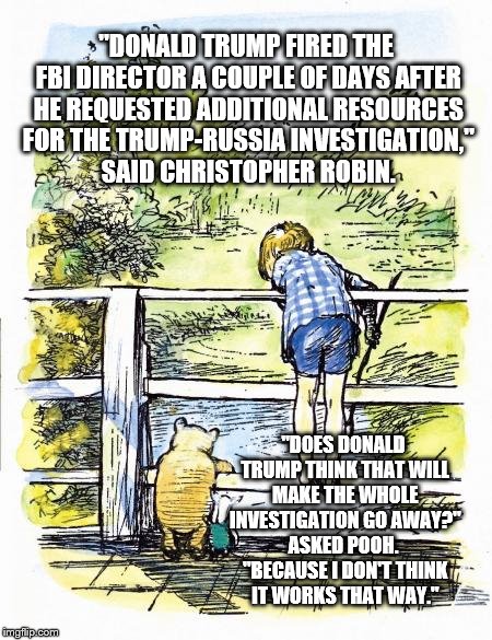 Pooh Sticks | "DONALD TRUMP FIRED THE FBI DIRECTOR A COUPLE OF DAYS AFTER HE REQUESTED ADDITIONAL RESOURCES FOR THE TRUMP-RUSSIA INVESTIGATION," SAID CHRISTOPHER ROBIN. "DOES DONALD TRUMP THINK THAT WILL MAKE THE WHOLE INVESTIGATION GO AWAY?" ASKED POOH.  "BECAUSE I DON'T THINK IT WORKS THAT WAY." | image tagged in pooh sticks | made w/ Imgflip meme maker