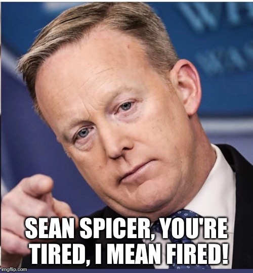 Sean Spicer you're fired! | SEAN SPICER, YOU'RE TIRED, I MEAN FIRED! | image tagged in sean spicer,fired | made w/ Imgflip meme maker