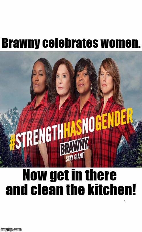 Brawny celebrates women. | Brawny celebrates women. Now get in there and clean the kitchen! | image tagged in kitchen,brawny paper towels,clean the kitchen | made w/ Imgflip meme maker