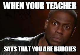 Kevin Hart Meme | WHEN YOUR TEACHER; SAYS THAT YOU ARE BUDDIES | image tagged in memes,kevin hart the hell | made w/ Imgflip meme maker