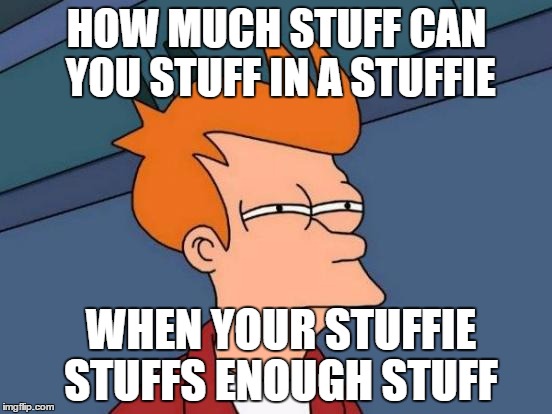 Futurama Fry Meme | HOW MUCH STUFF CAN YOU STUFF IN A STUFFIE; WHEN YOUR STUFFIE STUFFS ENOUGH STUFF | image tagged in memes,futurama fry | made w/ Imgflip meme maker