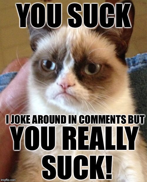 Grumpy Cat Meme | YOU SUCK I JOKE AROUND IN COMMENTS BUT YOU REALLY SUCK! | image tagged in memes,grumpy cat | made w/ Imgflip meme maker