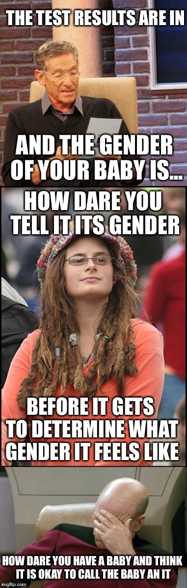 Baby Gender Reveal | THE TEST RESULTS ARE IN; AND THE GENDER OF YOUR BABY IS... HOW DARE YOU TELL IT ITS GENDER; BEFORE IT GETS TO DETERMINE WHAT GENDER IT FEELS LIKE; HOW DARE YOU HAVE A BABY AND THINK IT IS OKAY TO CALL THE BABY AN IT | image tagged in memes,gender | made w/ Imgflip meme maker