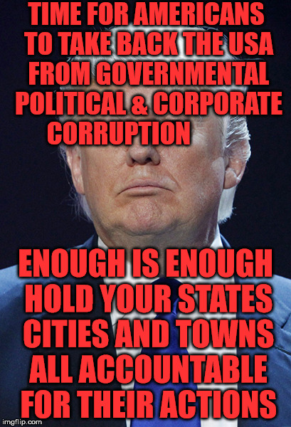 Donald Trump | TIME FOR AMERICANS TO TAKE BACK THE USA FROM GOVERNMENTAL POLITICAL & CORPORATE  CORRUPTION; ENOUGH IS ENOUGH HOLD YOUR STATES CITIES AND TOWNS ALL ACCOUNTABLE FOR THEIR ACTIONS | image tagged in donald trump | made w/ Imgflip meme maker