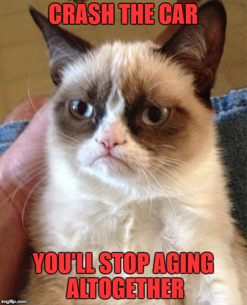 Grumpy Cat Meme | CRASH THE CAR YOU'LL STOP AGING ALTOGETHER | image tagged in memes,grumpy cat | made w/ Imgflip meme maker