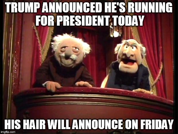 Statler and Waldorf | TRUMP ANNOUNCED HE'S RUNNING FOR PRESIDENT TODAY; HIS HAIR WILL ANNOUNCE ON FRIDAY | image tagged in statler and waldorf | made w/ Imgflip meme maker