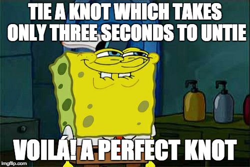 I bet you can't make one | TIE A KNOT WHICH TAKES ONLY THREE SECONDS TO UNTIE; VOILÁ! A PERFECT KNOT | image tagged in memes,dont you squidward | made w/ Imgflip meme maker