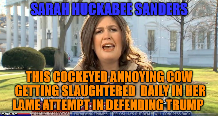 Holy Cow, Eye see you! | SARAH HUCKABEE SANDERS; THIS COCKEYED ANNOYING COW GETTING SLAUGHTERED  DAILY IN HER LAME ATTEMPT IN DEFENDING TRUMP | image tagged in sarah huckabee sanders | made w/ Imgflip meme maker