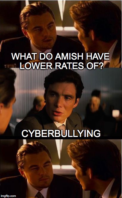 Inception Meme | WHAT DO AMISH HAVE LOWER RATES OF? CYBERBULLYING | image tagged in memes,inception,amish,cyberbullying | made w/ Imgflip meme maker