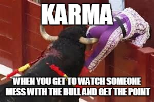Karma | KARMA; WHEN YOU GET TO WATCH SOMEONE MESS WITH THE BULL AND GET THE POINT | image tagged in karma | made w/ Imgflip meme maker
