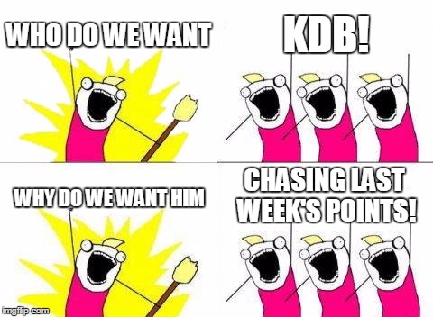 What Do We Want Meme | WHO DO WE WANT; KDB! CHASING LAST WEEK'S POINTS! WHY DO WE WANT HIM | image tagged in memes,what do we want | made w/ Imgflip meme maker