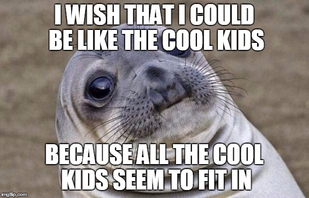 Awkward Moment Sealion Meme | I WISH THAT I COULD BE LIKE THE COOL KIDS; BECAUSE ALL THE COOL KIDS SEEM TO FIT IN | image tagged in memes,awkward moment sealion | made w/ Imgflip meme maker