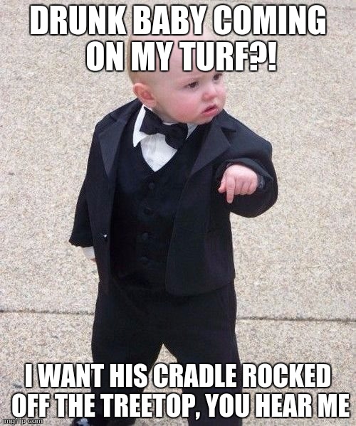 Baby Godfather | DRUNK BABY COMING ON MY TURF?! I WANT HIS CRADLE ROCKED OFF THE TREETOP, YOU HEAR ME | image tagged in memes,baby godfather | made w/ Imgflip meme maker