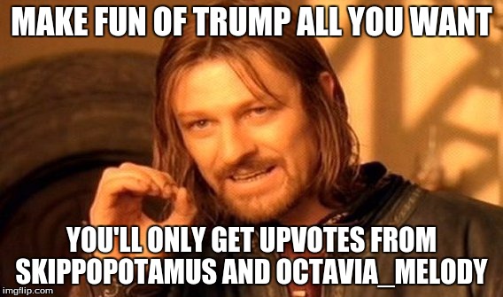 One Does Not Simply Meme | MAKE FUN OF TRUMP ALL YOU WANT YOU'LL ONLY GET UPVOTES FROM SKIPPOPOTAMUS AND OCTAVIA_MELODY | image tagged in memes,one does not simply | made w/ Imgflip meme maker