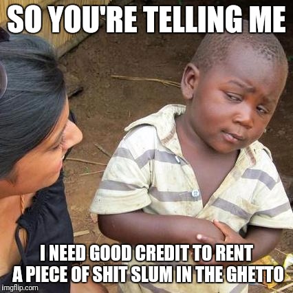 Third World Skeptical Kid Meme | SO YOU'RE TELLING ME; I NEED GOOD CREDIT TO RENT A PIECE OF SHIT SLUM IN THE GHETTO | image tagged in memes,third world skeptical kid | made w/ Imgflip meme maker