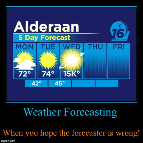 Alderaan Weather Forecast - Star Wars Week | image tagged in funny,demotivationals,star wars week | made w/ Imgflip demotivational maker