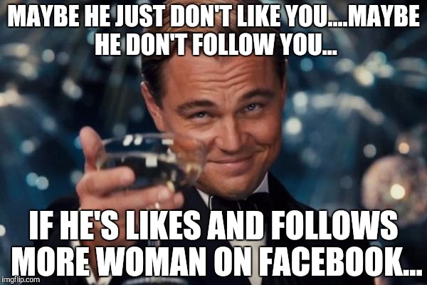 Leonardo Dicaprio Cheers | MAYBE HE JUST DON'T LIKE YOU....MAYBE HE DON'T FOLLOW YOU... IF HE'S LIKES AND FOLLOWS MORE WOMAN ON FACEBOOK... | image tagged in memes,leonardo dicaprio cheers | made w/ Imgflip meme maker