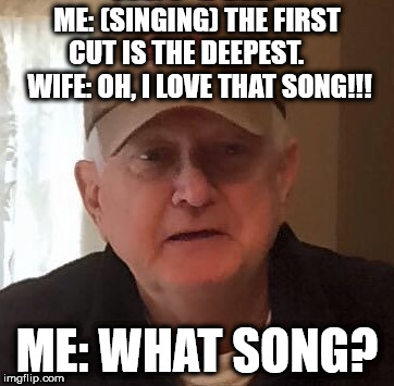 ME: (SINGING) THE FIRST CUT IS THE DEEPEST.      WIFE: OH, I LOVE THAT SONG!!! ME: WHAT SONG? | made w/ Imgflip meme maker