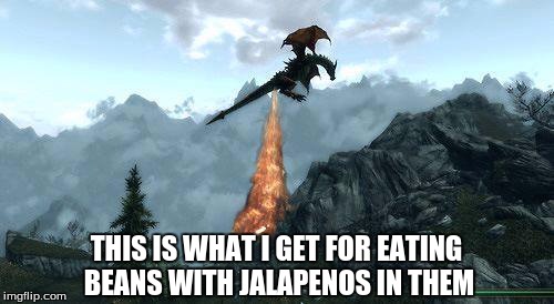 That's one hell of a Skyrim glitch | THIS IS WHAT I GET FOR EATING BEANS WITH JALAPENOS IN THEM | image tagged in skyrim,dragon | made w/ Imgflip meme maker