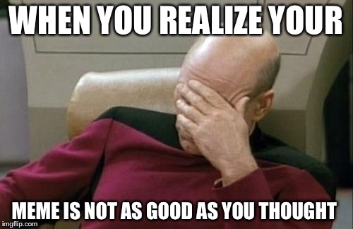 Captain Picard Facepalm | WHEN YOU REALIZE YOUR; MEME IS NOT AS GOOD AS YOU THOUGHT | image tagged in memes,captain picard facepalm | made w/ Imgflip meme maker