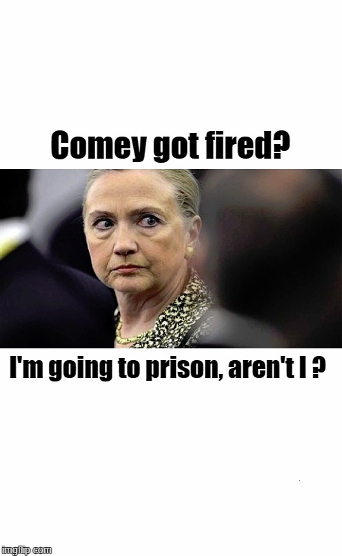 Hillary: Comey got fired? | Comey got fired? I'm going to prison, aren't I ? | image tagged in hillary clinton,clinton corruption,whitewater,james comey,clinton crime family | made w/ Imgflip meme maker