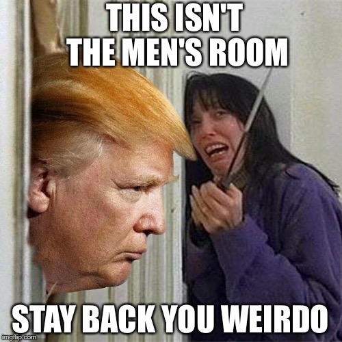 Donald trump here's Donny | THIS ISN'T THE MEN'S ROOM; STAY BACK YOU WEIRDO | image tagged in donald trump here's donny | made w/ Imgflip meme maker
