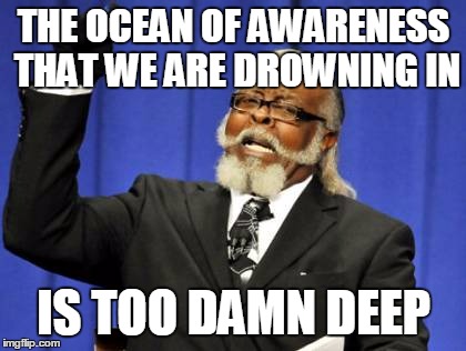 Glug-glug, Air! . . . glug-glug . . . Need . . . glug-glug . . . Air | THE OCEAN OF AWARENESS THAT WE ARE DROWNING IN; IS TOO DAMN DEEP | image tagged in memes,too damn high | made w/ Imgflip meme maker
