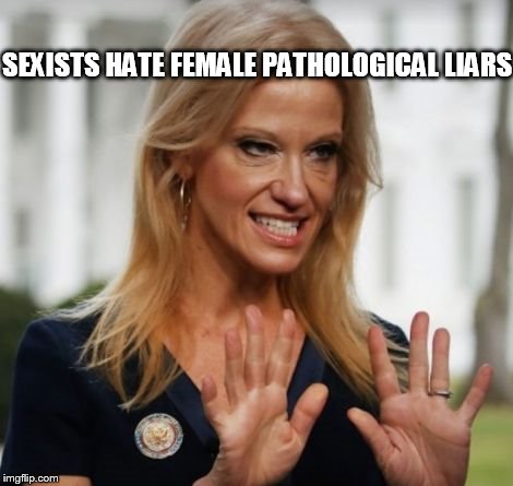 Thought sexism is a liberal lie | SEXISTS HATE FEMALE PATHOLOGICAL LIARS | image tagged in evil kelly ann conway,dumptrump | made w/ Imgflip meme maker