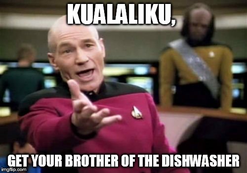 Picard Wtf | KUALALIKU, GET YOUR BROTHER OF THE DISHWASHER | image tagged in memes,picard wtf | made w/ Imgflip meme maker