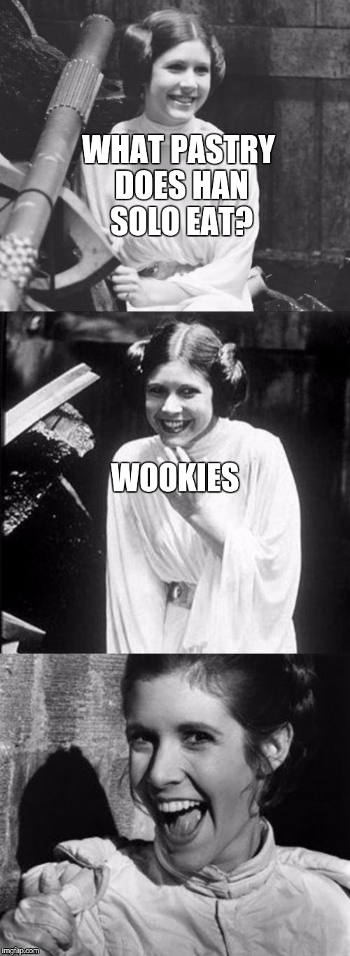 Princess Leia Puns | WHAT PASTRY DOES HAN SOLO EAT? WOOKIES | image tagged in princess leia puns | made w/ Imgflip meme maker