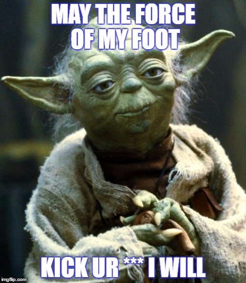 Star Wars Yoda Meme | MAY THE FORCE OF MY FOOT; KICK UR *** I WILL | image tagged in memes,star wars yoda | made w/ Imgflip meme maker