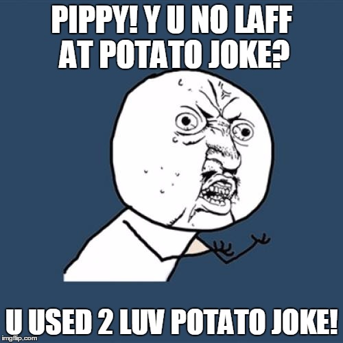 Y U No | PIPPY! Y U NO LAFF AT POTATO JOKE? U USED 2 LUV POTATO JOKE! | image tagged in memes,y u no | made w/ Imgflip meme maker