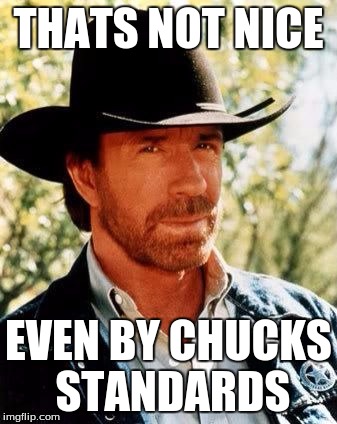 Chuck Norris | THATS NOT NICE EVEN BY CHUCKS STANDARDS | image tagged in chuck norris | made w/ Imgflip meme maker