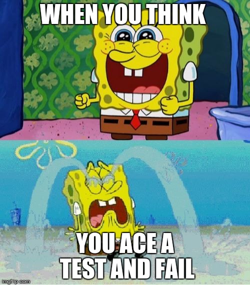 spongebob happy and sad | WHEN YOU THINK; YOU ACE A TEST AND FAIL | image tagged in spongebob happy and sad | made w/ Imgflip meme maker