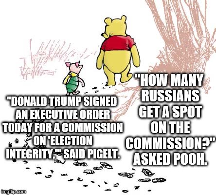 pooh | "HOW MANY RUSSIANS GET A SPOT ON THE COMMISSION?" ASKED POOH. "DONALD TRUMP SIGNED AN EXECUTIVE ORDER TODAY FOR A COMMISSION ON 'ELECTION INTEGRITY,'" SAID PIGELT. | image tagged in pooh | made w/ Imgflip meme maker