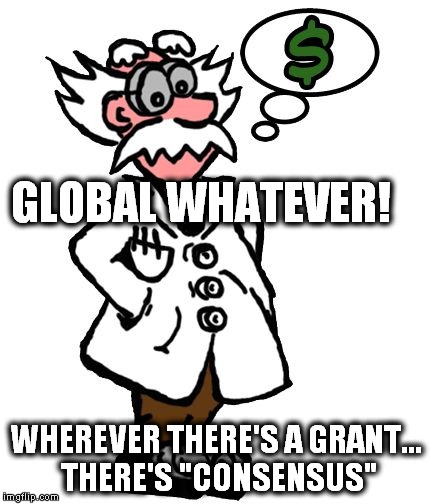 ScienTutes | GLOBAL WHATEVER! WHEREVER THERE'S A GRANT... THERE'S "CONSENSUS" | image tagged in science-tutes,globalists,global warming scam | made w/ Imgflip meme maker