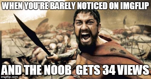 Sparta Leonidas Meme | WHEN YOU'RE BARELY NOTICED ON IMGFLIP AND THE NOOB  GETS 34 VIEWS | image tagged in memes,sparta leonidas | made w/ Imgflip meme maker