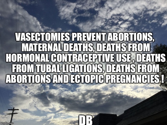  VASECTOMIES PREVENT ABORTIONS, MATERNAL DEATHS, DEATHS FROM HORMONAL CONTRACEPTIVE USE , DEATHS FROM TUBAL LIGATIONS, DEATHS FROM ABORTIONS AND ECTOPIC PREGNANCIES ! DB | image tagged in vasectomy | made w/ Imgflip meme maker